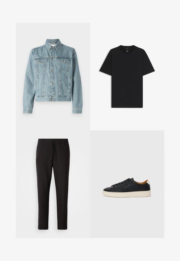 Chaqueta de mezclilla azul claro con cuello puntiagudo, dos bolsillos en el pecho, botones plateados y un diseño corto. Cuenta con una tela texturizada y detalles de costura.; Camiseta negra de manga corta fabricada con una suave mezcla de algodón, que presenta un cuello redondo y un diseño minimalista sin patrones ni acentos.; Pantalones de chándal negros de tejido suave. Cuentan con una cintura elástica con cordón, piernas ajustadas y sin bolsillos visibles. Diseño sencillo.; Zapatillas negras de cuero con una textura suave, suela de goma beige, diseño de cordones y un acento en el talón de color contrastante.