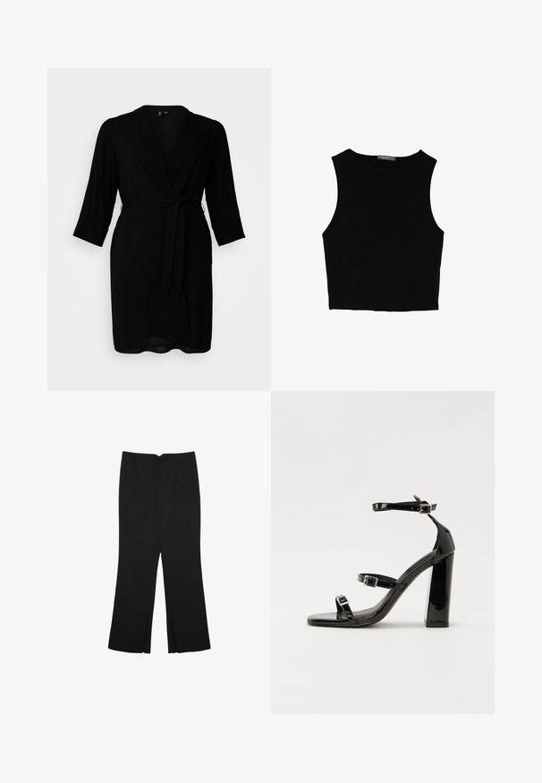 Musta kietaisumekko, joka on valmistettu kevyestä kankaasta ja jossa on kolmen neljänneksen hihat, vyötäröllä vyö ja syvä V-pääntie.; Musta hihaton crop-top, joka on valmistettu sileästä kankaasta, jossa on pyöreä kaula-aukko ja siisti, yksinkertainen muotoilu ilman kuvioita tai varusteita.; Mustat housut suoralinjaisella leikkauksella, joissa on etutaskut ja sivurei'ät helman alla. Valmistettu pehmeästä ja sileästä kankaasta. Sopii eri tilaisuuksiin.; Musta kiiltävä korkokenkä sandaalit neliönmuotoisella varpaalla, nilkkaremmillä ja hopeisilla soljilla. Varustettu tukevalla lohkokorkealla vakauden takaamiseksi.