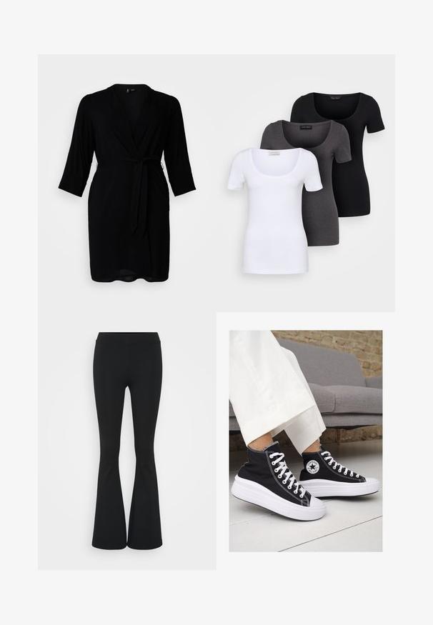 Black wrap dress made of lightweight fabric, featuring three-quarter sleeves, a belted waist, and a deep V-neck design.; Three fitted T-shirts in white, gray, and black. Each features a wide scoop neckline and short sleeves. Made from smooth, stretchy fabric.; Black flared pants made of stretchy fabric, featuring a high waistband and a smooth texture. The pants flare out from the knee.; Black canvas high-top sneakers with white rubber soles and laces. Features a circular logo on the side and contrasting white stitching.