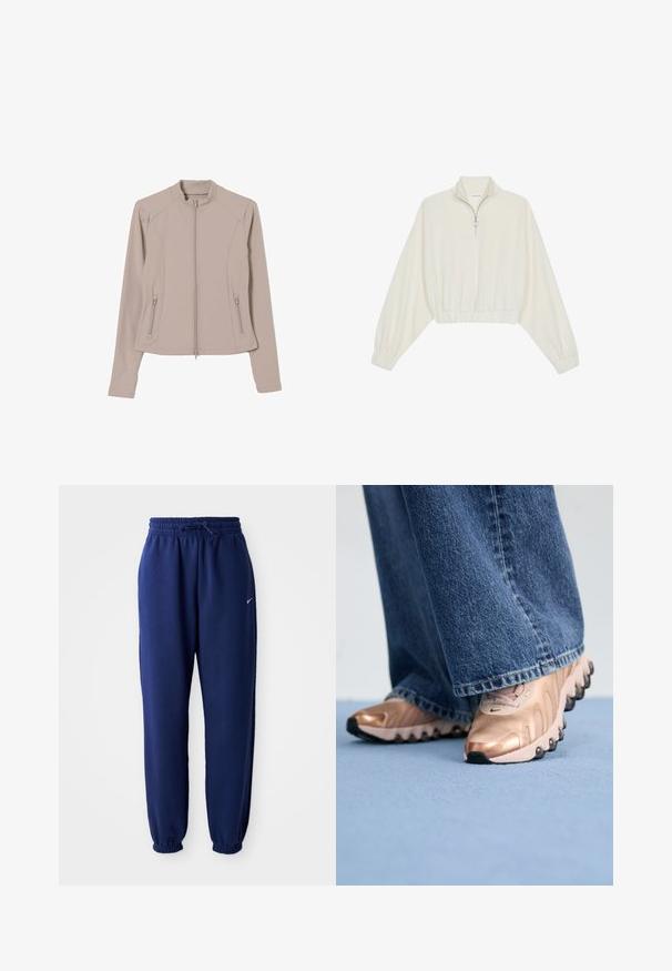 Lys beige zip-up jakke med en tætsiddende pasform, lange ærmer og sidelommer med lynlås. Glat, strækbart stof og stand-up krave.; Kort striktrøje i cremefarvet stof med høj krave, halvlynlås, elastisk kant og manchetter, glat tekstur og minimalistisk design.; Mørkeblå sweatpants lavet af blødt stof, med elastisk talje med snøre, elastiske manchetter og et lille hvidt logo.; Sko med en metallisk rosa guld overdel og struktureret design, med sorte gummisåler. Kombinationen er med brede blå denimjeans.