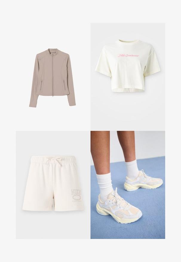 Lys beige zip-up jakke med en tætsiddende pasform, lange ærmer og sidelommer med lynlås. Glat, strækbart stof og stand-up krave.; Afskåret, cremefarvet t-shirt lavet af bomuld. Har et pink broderet logo, der står "Nike Sportwear." Korte ærmer og en rund halsudskæring.; Lys beige bomuldsshorts med elastisk talje, justerbar snor og "NIKE SPORTSWEAR" logo trykt i lys brun på siden.; Slanke atletiske sko i lys gul og hvid, med mesh- og syntetiske materialer, en rund form og teksturerede såler.