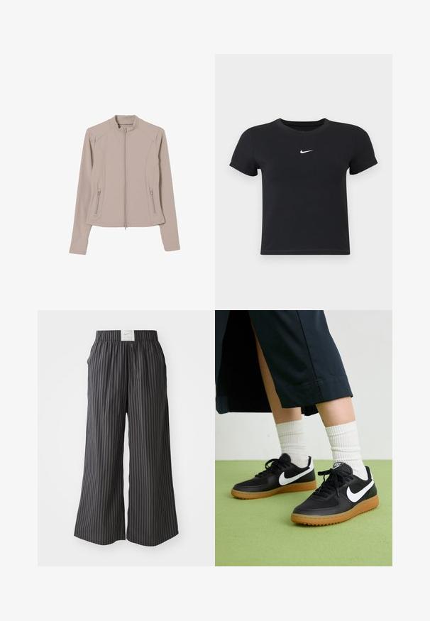 Lys beige zip-up jakke med en tætsiddende pasform, lange ærmer og sidelommer med lynlås. Glat, strækbart stof og stand-up krave.; Sort kortærmet t-shirt lavet af bomuld med rund hals. Har et hvidt Nike-logo på brystet, minimalistisk design og tætsiddende pasform.; Sort og grå stribede bukser med bred ben, elastisk talje og et Nike-logo på bagsiden. Letvægtsstof, løs pasform design.; Sorte læder- og syntetiske sneakers med hvid Nike swoosh, gummisål, rund tå og sorte snørebånd. Ribbede hvide sokker synlige.