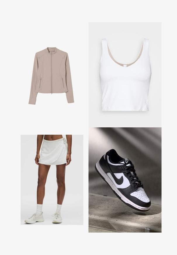 Lys beige zip-up jakke med en tætsiddende pasform, lange ærmer og sidelommer med lynlås. Glat, strækbart stof og stand-up krave.; Hvid crop top med en rund udskæring og brede skulderstropper. Fremstillet af glat, strækbart stof med en beige foring rundt om udskæringen.; Hvid atletisk skorts med en omslagdesignet, lavet af glat stof. Har en snøre i siden og er parret med lyse sneakers og sokker.; Sorthvid Nike Dunk Low sneakers med læderoverdel, perforeret tåboks og sorte snørebånd, udstyret med en hvid sål og logo accenter.