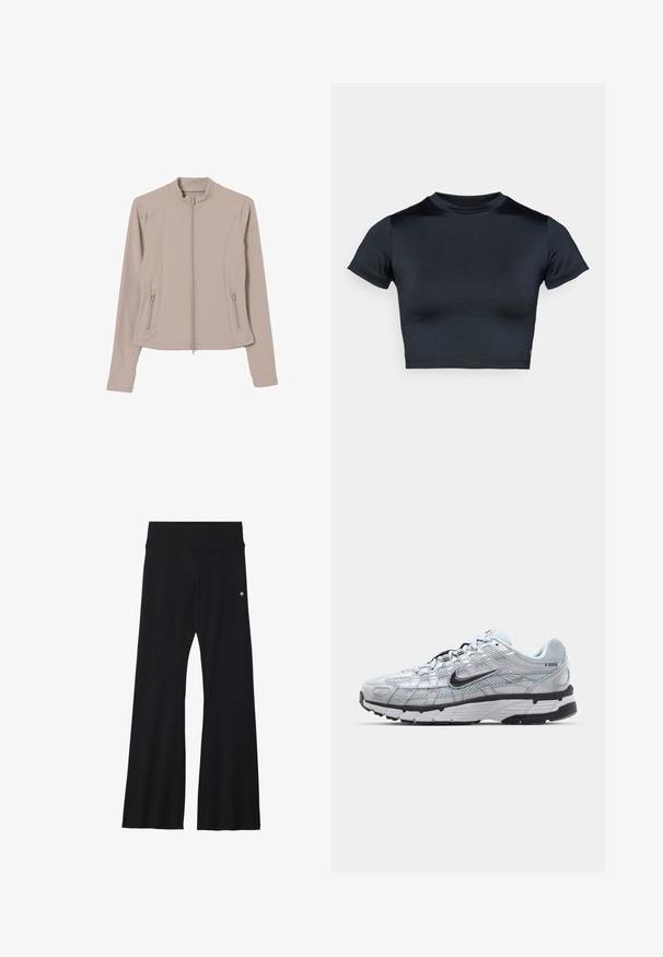 Světle béžová bunda na zip s přiléhavým střihem, dlouhými rukávy a bočními kapsami na zip. Hladká, pružná tkanina a stojáček.; Krátké tričko s krátkým rukávem ve tmavě námořnické modři, vyrobené z hladké elastické látky. Má kulatý výstřih a minimální švy. Žádné viditelné loga.; Černé rozšířené kalhoty z elastického materiálu, s širokým pasem a malým logem na kyčli. Hladká textura a design na celou délku.; Tenisky Nike P-6000 s lehkou šedou síťovinou, černými akcenty a odolnou černou gumovou podrážkou. Vyznačují se složitým designem a systémem šněrování.