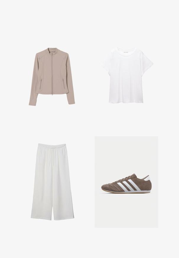 Lys beige zip-up jakke med en tætsiddende pasform, lange ærmer og sidelommer med lynlås. Glat, strækbart stof og stand-up krave.; Hvid T-shirt lavet af blødt, let stof. Har en rund halsudskæring og korte, brede ærmer med en afslappet pasform. Ingen synlige mønstre.; Hvide vidde bukser lavet af letvægtsstof, med en elastisk talje og snøre for justerbar pasform. Glat tekstur.; Brune ruskind atletisk sko med hvide striber, rund tå, snørebåndsdesign og gummisål. Tekstureret overdel med syningsdetaljer.