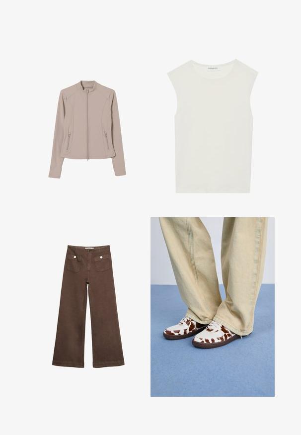 Lys beige zip-up jakke med en tætsiddende pasform, lange ærmer og sidelommer med lynlås. Glat, strækbart stof og stand-up krave.; Hvid ærmeløs top med rund halsudskæring. Lavet af glat stof, har den en afslappet pasform og minimalistisk design. Ingen mønstre eller accenter.; Brune bredbenede bukser lavet af bomuld, med to forlommer med sølvknapper og en glat tekstur.; Hvide og brune mønstrede sneakers i mesh og læder med brune gummisåler. Matchet med lyse beige bukser med vide ben.