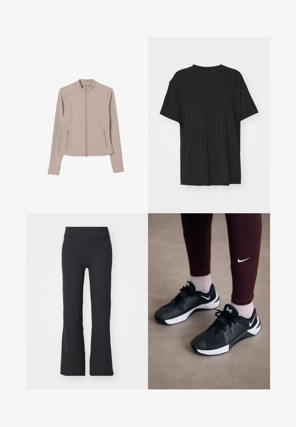 Light beige zip-up jacket with a fitted design, long sleeves, and side zip pockets. Smooth, stretchy fabric and a stand collar.; Black short-sleeve t-shirt made of smooth fabric, with a crew neck and loose fit. Features side slits for added comfort and breathability.; Black flared pants made of stretchy fabric with a high waistband. Features clean lines and a smooth texture, suitable for casual wear.; Black athletic shoes with a textured upper and white accents, featuring laces and a side logo. Worn with maroon leggings and light socks.