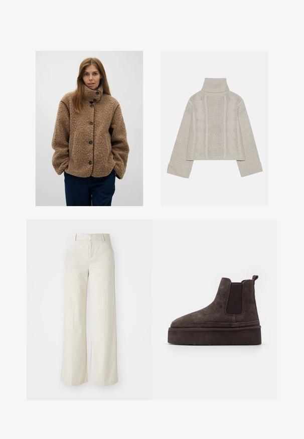 Barna bolyhos dzseki magas gallérral, gombos záródással és kontrasztos barna díszítéssel. Laza szabású és texturált felületű.; Rövidített, világosszürke kötött pulóver magas gallérral és bordázott mandzsettákkal, hátul és az oldalakon texturált sodrott mintákkal.; Világos bézs színű, széles lábú nadrág, sima anyagból készült. Klasszikus derékrésszel és lapos elülső résszel, letisztult vonalakkal rendelkezik.; Barna nubuk Chelsea csizma elasztikus oldalsó panelekkel és vastag, textúrázott talppal. A saroknál található húzófül megkönnyíti a felhúzást.