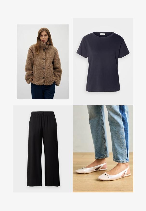 Braune Fleecejacke mit hohem Kragen, Knopfverschluss und kontrastierenden braunen Akzenten. Lockerer Schnitt und strukturierte Oberfläche.; Marineblaues Baumwoll-T-Shirt mit Rundhalsausschnitt, kurzen Ärmeln und lockerer Passform. Glatte Textur und minimalistisches Design, keine sichtbaren Muster.; Schwarze, weit geschnittene Hosen aus weichem, dehnbarem Stoff. Mit einem elastischen Bund und einer glatten Textur, geeignet für die Freizeit.; Blassrosa Slingback-Ballerinas mit spitzem Punkt, aus einem glatten, lederähnlichen Material. Mit Ausschnitten an den Seiten und einem flachen Absatz.