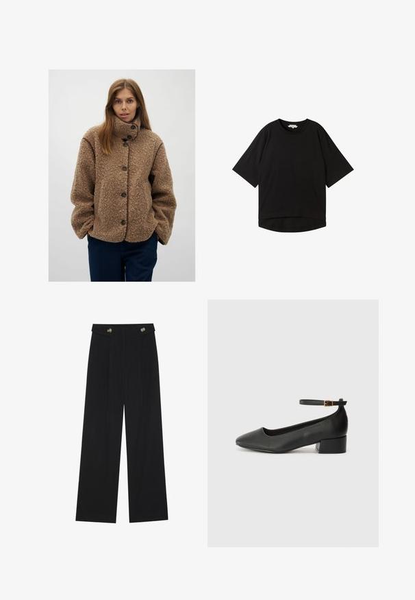 Pruun fliistekott, millel on kõrge krae, nupuga kinnitamine ja kontrastne pruuni ääristusega. Laia lõikega ja kareda pinnaga.; Must have lühikeste varrukatega must t-särk, millel on lõdva lõikega, ümmargune kaelus ja kergelt kõver äär. Valmistatud pehmest ja tekstureeritud kangast.; Mustad laiad püksid kõrge vöökoha ja nööpdetailidega vööandil, esikortsudega.; Must mustaapp, millel on terav nina ja madal blokk-kand. Omab pahkluu rihma koos kuldse tooni pandlaga. Sile tekstuur.