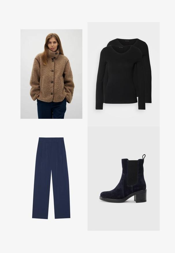 Pruun fliistekott, millel on kõrge krae, nupuga kinnitamine ja kontrastne pruuni ääristusega. Laia lõikega ja kareda pinnaga.; Kaks musta pika varrukaga särk, millel on V-kaelus ja mis on valmistatud pehmest ja venivast kangast, millel on sile tekstuur ja sobiv kuju.; Tumedat sinised laiad püksid pehmest kangast, millel on esipleekid, sile pind ja sirge lõige, ilma nähtavate taskuteta.; Tumedat siniset nahast sääre pooled saapad elastse külgpaneeliga, ümmarguse ninaga ja blokkninaga. Tekstuuriga kangas ja siledad tallad lisavad kontrasti.