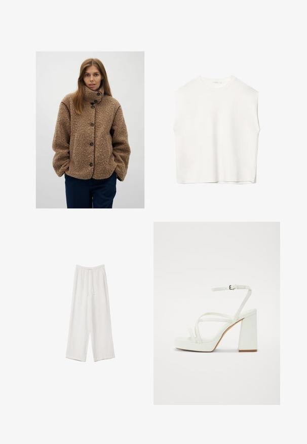 Hnedá fleecová bunda s vysokým golierom, zapínaním na gombíky a kontrastným hnedým lemovaním. Voľný strih a textúrovaný povrch.; Biele bezrukávové tričko s voľným strihom, okrúhlym výstrihom, hladkou textúrou a rovným lemom. Jednoduchý dizajn bez vzorov a kovania.; Biele široké nohavice vyrobené z ľahkej tkaniny. Obsahujú elastický pás so sťahovacou šnúrkou a bočné vrecká. Hladká textúra.; Biele platformové sandále s hrubým blokovým podpätkom, obsahujúce viaceré tenké remienky a nastaviteľný remienok okolo členka. Hladký syntetický materiál.