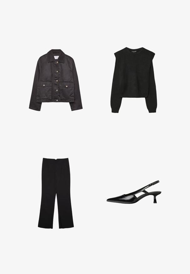 Čierna bunda na gombíky s příčnými límci, dvomi prednými vreckami so záklopkami a gombíkmi, a dlhými rukávmi.; Čierny pletený sveter s dlhými rukávmi, vycpanými ramenami a rebrovanými nápletmi a spodným okrajom, zobrazený na bielom pozadí.; Čierne nohavice so strihom rovného strihu, s prednými vreckami a bočnými rozparkami na leme. Vyrobené z mäkkej, hladkej tkaniny. Vhodné na rôzne príležitosti.; Čierne lakované kožené lodičky na podpätku s špicatou špičkou, výrezovým dizajnom na boku a malým štvorcovým podpätkom. Hladký povrch s minimálnymi akcentmi.