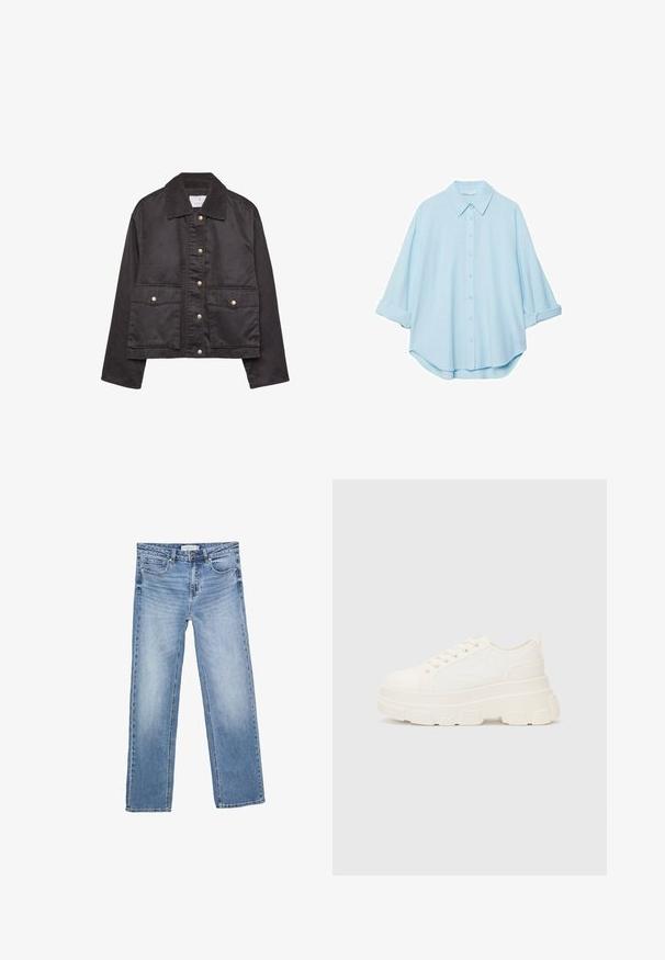 Schwarze Knopfjacke mit Cordkragen, zwei vordere Klappentaschen mit Knöpfen und langen Ärmeln.; Helles blaues Hemd aus einem weichen Stoff, mit klassischem Kragen, durchgehender Knopfleiste und hochgekrempelten Ärmeln für eine lässige Passform.; Gerade geschnittene blaue Denim-Jeans mit einer verblassten Waschung, fünf Taschen und einer klassischen Knopfleiste. Aus Baumwollmaterial mit auffälligen Nähten.; Weiße Leinensneaker mit einer massiven Sohle, abgerundeter Spitze und fünf Ösen für Schnürsenkel. Hinterer Tab für ein einfaches Anziehen. Glatte Textur, minimalistisches Design.
