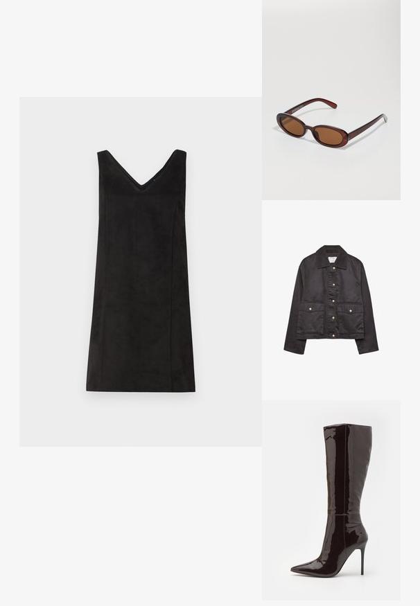 Giacca nera con colletto in corduroy, due tasche frontali con pattina e bottoni, e maniche lunghe.; Maglietta a maniche lunghe in tessuto color crema, con una leggera arricciatura sui lati e un colletto classico. Texture liscia, design semplice.; Abito nero senza maniche con scollo a V, realizzato in un materiale morbido, caratterizzato da una linea dritta e da dettagli minimi. Texture liscia.; Even&Odd Stivali con i tacchi - dark brown; Occhiali da sole rotondi con tonalità marrone, montatura lucida color bordeaux. Aste sottili con un sottile dettaglio del marchio. Design delle lenti piatte.