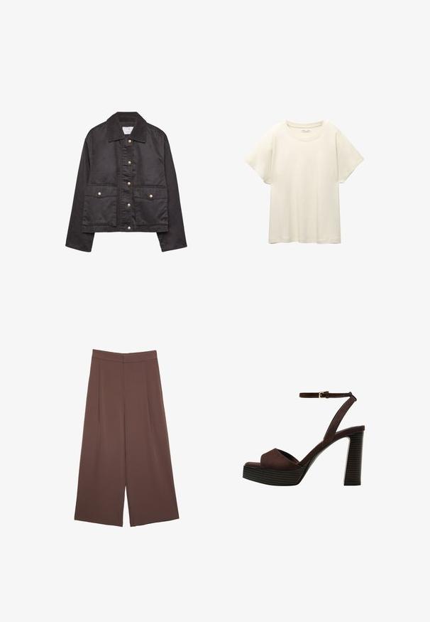 Černá pánská bunda na knoflíky s kordovým límcem, dvěma předními kapsami s klopou a knoflíky, dlouhými rukávy.; Svetle béžové tričko s krátkým rukávem a kulatým výstřihem, vyrobené z jemné, hladké tkaniny. Má uvolněný střih a rovný lem.; Hnědé široké kalhoty s hladkou texturou, vysokým pasem a předními záhyby. Materiál je lehký a volně splývá.; Hnědé semišové sandály na vysokém podpatku s otevřenou špičkou, nastavitelným páskem kolem kotníku a proužkovou platformou.