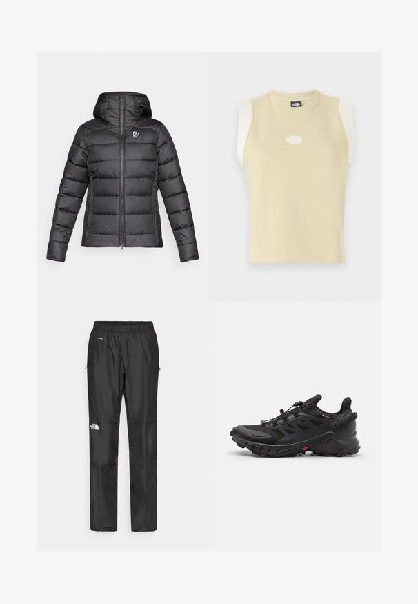 Čierna vypchávaná bunda s kapucňou, predným zipsom, bočnými zipsovými vreckami a malým bielym geometrickým logom na hrudi.; Bezrukávový top z pastelovo žltého bavlneného materiálu s okrúhlym výstrihom. Má kontrastné krémové ramenné panely a textúrované logo na hrudi.; Čierne vodeodolné nohavice vyrobené z ľahkej tkaniny, s elastickým pásom, bočnými vreckami a logom na ľavom stehne.; Čierne atletické topánky s textúrovaným zvrškom, vybavené bezpečným systémom šnurovania, čalúnenou podrážkou a výrazným červeným akcentom po boku.