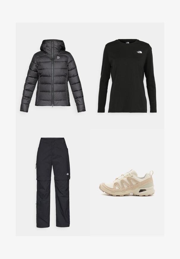 Casaco preto acolchoado com capuz, fecho frontal, bolsos laterais com fecho e um pequeno logotipo geométrico branco no peito.; T-shirt preto de mangas longas, feito de algodão, com decote redondo. Apresenta um pequeno logótipo branco na área esquerda do peito. Design simples e ajuste confortável.; Calças cargo pretas em nylon com fechos de correr removíveis, punhos ajustáveis, múltiplos bolsos e um logótipo na perna direita. Textura suave e leve.; Sapatilha atlética beige e creme com parte superior em malha texturizada, sobreposições de suporte e sola de borracha com um padrão de cravo para tração.