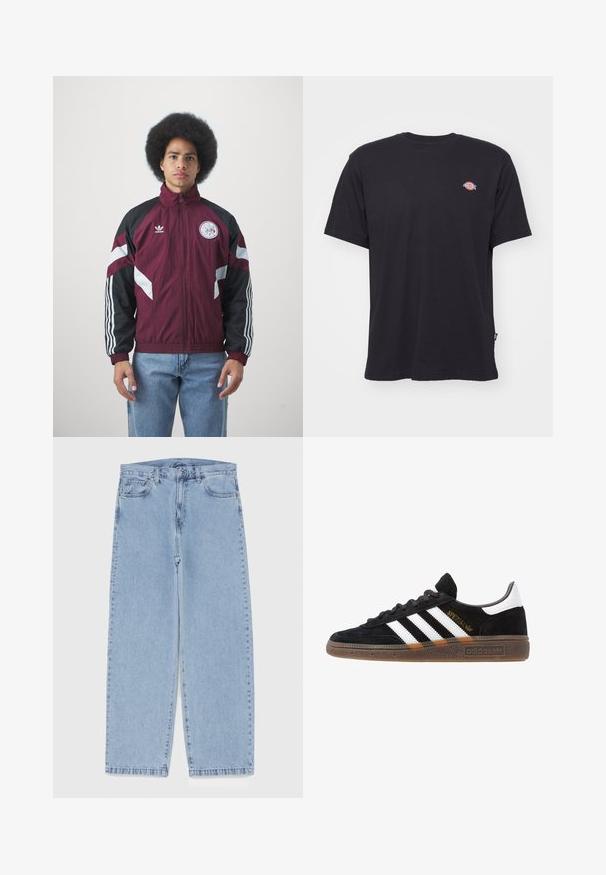 Casaco corta-vento em marrom e preto com detalhes brancos, fecho completo, gola alta, logotipo no peito, punhos elásticos e três riscas brancas nas mangas.; T-shirt de algodão preto com mangas curtas, decote redondo e um pequeno logotipo colorido no lado esquerdo do peito. Apresenta uma bainha reta.; Jeans de denim azul claro com design de perna reta, apresentando uma cintura de altura média, cinco bolsos e um fecho de botão e zíper.; Sapatilha Adidas preta com riscas brancas, texto dourado "Spezial", sola de borracha e aba do calcanhar branca, apresentada em vista lateral.