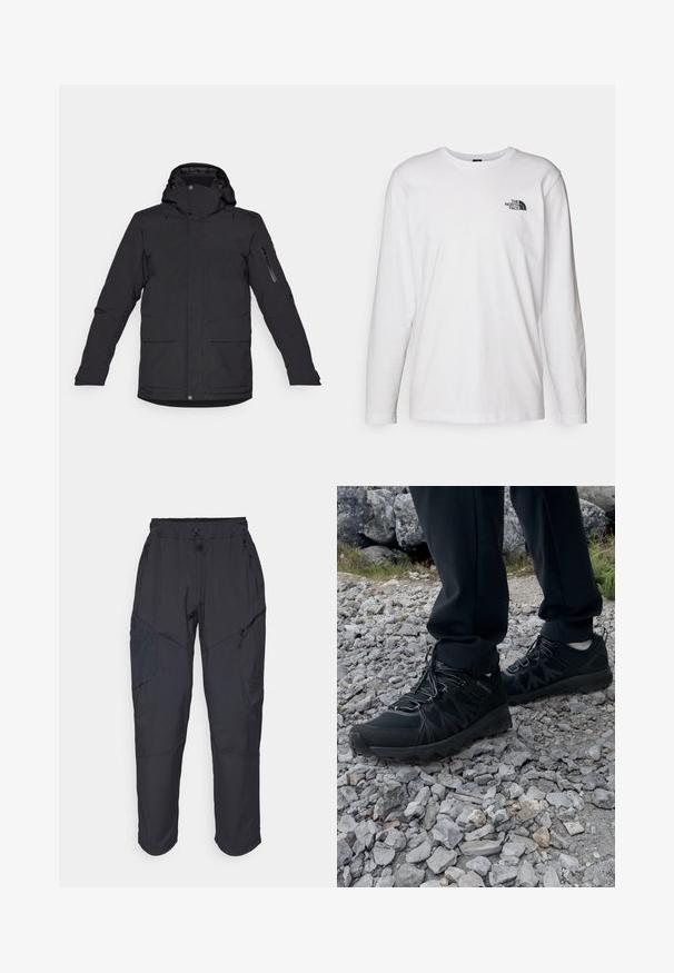 Czarna wodoodporna kurtka z kapturem, z zamkiem błyskawicznym na lewym rękawie, dwoma przednimi kieszeniami oraz gładką, matową fakturą.; Biała koszulka z długim rękawem wykonana z bawełny, z okrągłym dekoltem. Posiada małe czarne logo na piersi. Gładka faktura, regularny krój.; Czarne spodnie cargo wykonane z lekkiego, wodoodpornego materiału; posiadają elastyczny pas, liczne kieszenie zapinane na zamek oraz zwężane nogawki.; Czarne buty outdoorowe wykonane z siateczki i materiału syntetycznego, z fakturowaną cholewką, zabezpieczonym systemem sznurowania i solidną podeszwą, na skalistym terenie.