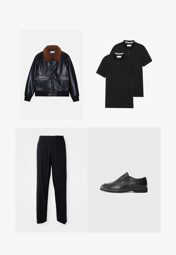 Pier One Veste en similicuir - black; Deux polos noirs, à manches courtes, en coton, avec un col classique, une patte de boutonnage à deux boutons, et des accents rayés blancs à l'intérieur du col.; Pantalon noir à jambes droites avec passants de ceinture, fermeture à bouton et un design épuré et minimal sur un fond neutre.; Chaussure slip-on en cuir noir avec une tige lisse, des accents cousus, un bout arrondi et un petit talon en caoutchouc. La semelle présente un profil de traction minimal.