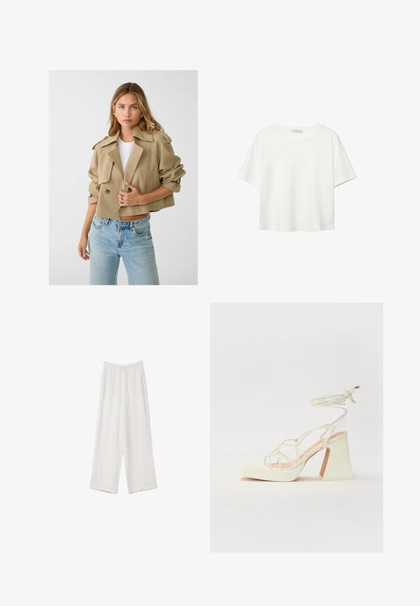 Stradivarius SMART FLOWING - Letná bunda - khaki; Biela krátkopsová tričko vyrobené z bavlny. Má okrúhly výstrih a voľný strih. Hladká textúra bez viditeľných vzorov alebo akcentov.; Biele široké nohavice vyrobené z ľahkej tkaniny. Obsahujú elastický pás so sťahovacou šnúrkou a bočné vrecká. Hladká textúra.; Biele sandále na vysokom opätku s hrubým podpätkom, s pruhovaným dizajnom a viazaním na členku. Hladký povrch s platformou vpredu pre zvýšenú výšku.