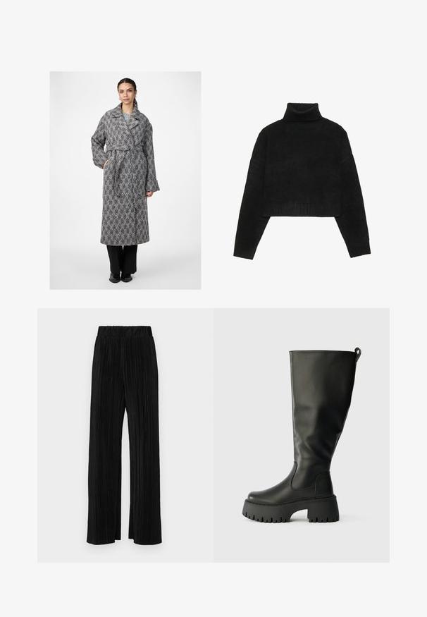 Melna un balta svītrainā garā mētelī ar plašu apkakli, jostas vietu un brīvām piedurknēm, apvienots ar melnā krāsā biksēm.; Melnās cropped džemperis ar ribotu augstu apkakli un aprocēm, ar gludu tekstūru un brīvu piegriezumu. Vienkāršs, minimālistisks dizains.; Melni plīšu bikses ar elastīgu jostu. Tām ir platākas kājas un gluda, teksturēta auduma ar vertikālām svītrām.; Ceļa augstuma melni gumijas zābaki ar masīvu zoli, gludu tekstūru un aizmugurē esošu cilpu vieglai uzvilkšanai. Apaļa purngala dizains.