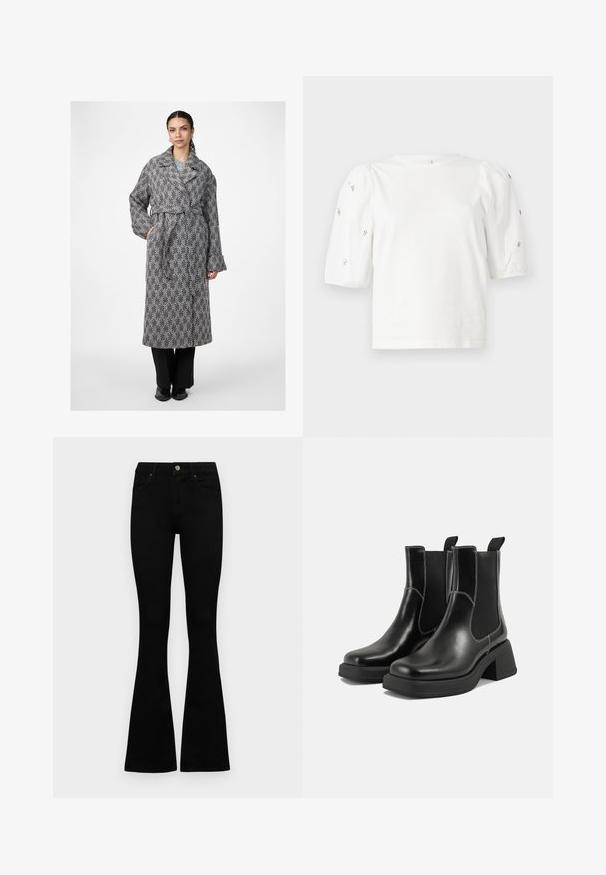 Ilgasis paltas su šachmatų raštu juodai baltos spalvos, turintis plačią apykaklę, diržą juosmeniui ir laisvas rankoves, derinamas su juodomis kelnėmis.; Balta medvilnės marškinėliai trumpomis pūstomis rankovėmis, papuošti mažomis sidabrinėmis detalėmis ant rankovių. Klasikinis apvalus iškirpimas, laisvas siluetas.; Juodos aukšto liemens džinsai su mygtuku ir užtrauktuku, priekinėmis kišenėmis ir platėjančiomis kojomis, išdėstyti ant baltos fono.; Juodos odinės Chelsea botai su storiu kulnu, elastinėmis šoninėmis panelėmis ir kontrastinga balta siūle. Tekstūruota apdaila.