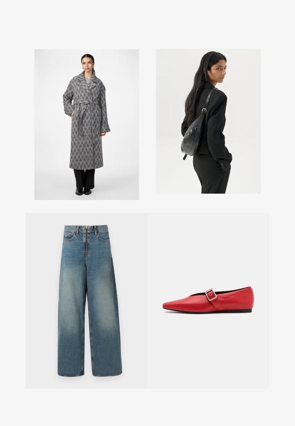 Melna un balta svītrainā garā mētelī ar plašu apkakli, jostas vietu un brīvām piedurknēm, apvienots ar melnā krāsā biksēm.; Balta bezpiedurkņu topiņš no ribotā auduma, ar noapaļotu kakla izgriezumu un pieguļošu siluetu, ar minimālām šuvēm un bez rotājumiem.; Platas kājas džinsi gaisā zilo krāsā. Iespējo jostas vieta ar rāvējslēdzēju un pogu, kā arī viegla izbalēšana nodrošina nolietotu izskatu.; Sarkanais ādas plakanās kurpes ar smailu purngalu, ar sānu siksnu un metāla sprādzi, kā arī zemu melnu papēdi. Visa virsma ir gluda.; Sieviete ar garām tumšām matiem, ģērbusies melnā uzvalkā, nēsā melnu ādas plecu somu un skatās pāri plecam uz balta fona.