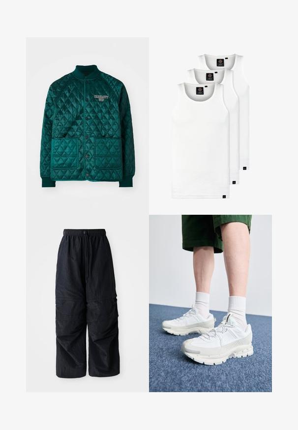 Garoha polsterēts bomberis tumši zili zaļā krāsā, ar ribotiem apkakli, divām priekšējām kabatām, spiedpogām un izšūtu logo uz krūtīm.; Trīs baltas ribotas krūšturi, kas izgatavoti no kokvilnas. Iezīmēti ar apaļu kakla izgriezumu un maziem melniem etiķetēm tuvu apakšmalai. Pieejami vairākos izmēros.; Melnas vieglas neilona cargo bikses ar elastīgu jostu, regulējamu auklu un vairākiem slāņotiem kabatām uz kājām.; Baltas sporta apavi ar teksturētām detaļām, masīvu zoli un pelēkiem akcentiem. Valkāti ar baltiem zeķu pēdu apģērbiem un zaļām šortiem uz zilas virsmas.