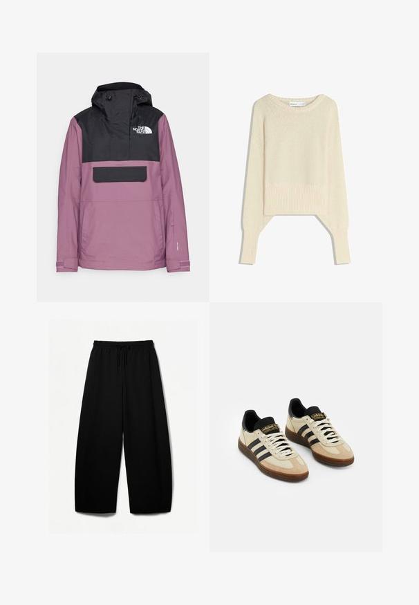The North Face DRIFTVIEW ANORAK - Snowboard jacket - black/midnight mauve; Light beige cropped sweater, made with a soft knit fabric, features a wide neckline, drop shoulders, and ribbed cuffs and hem.; Black wide-leg pants with an elastic waistband and drawstring. Soft fabric with a smooth texture. Straight cut with side seams.; Beige suede athletic shoes with black leather accents, white laces, and brown rubber outsole. Three black stripes on each side.