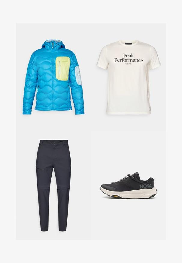 Sinine isoleeritud jakk, millel on tikandite tekstuur, eesmine rinna tasku helesinise värviga ja väiksem käetasku. Omab kapuutsi ja lukke.; Kreemjas puuvillane T-särk, millel on musta värviga print "Peak Performance" ja "Est. 1986", lühikeste varrukatega ja ringkraega.; Tumed sinise värvi kergekaalulised püksid, millel on reie peal lukuga tasku ja sirge jalg; valmistatud pehmest ja vastupidavast kangast.; Mustmustun mustus kingad tekstuurse ülusega, hallide aktsentidega, peegeldavate detailidega ning paksu valge tallaga, millel on Vibram'i bränding.