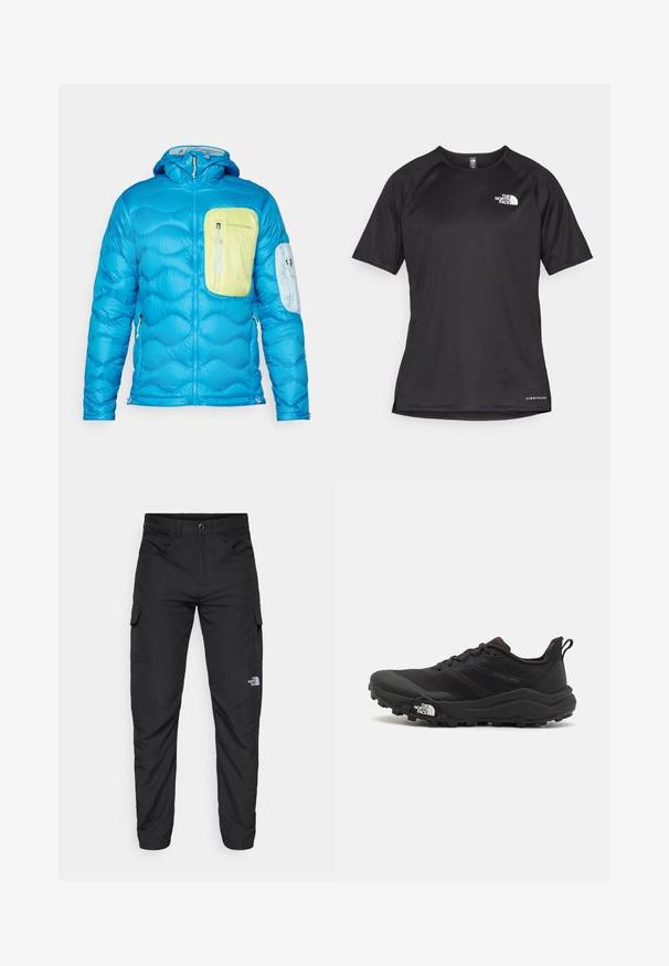 Blå isoleret jakke med quiltet struktur, en brystlomme i lys grøn og en mindre lomme på armen. Har en hætte og lynlåse.; Sort kortærmet træningsskjorte i tekstureret stof med et hvidt logo på venstre bryst og lige kant.; The North Face HORIZON PANT - Outdoorbukser - black; Sort trail løbesko med en struktureret overdel, gummisål og forstærket tåhætte. Har en polstret krave og en pull-tab til nem påtagning.
