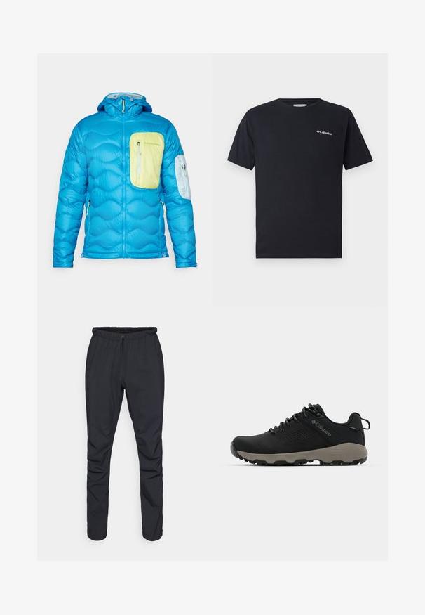 Blå isolert jakke med quiltet tekstur, en brystlomme i lys grønn, og en mindre lomme på armen. Har hette og glidelåser.; Svart kortermet t-skjorte laget av bomull, med et lite hvitt Columbia-logo på venstre brystområde. Klassisk rund hals og avslappet passform.; Svarte lettvektsbukser med elastisk midje, snøring og smalner ben. Laget av vannavstøtende materiale med en glatt tekstur.; Svart tursko med glatt overdel, perforert design, grå såle og forsterket hæl. Har snøringer og en pull-tab for enkel påkledning.