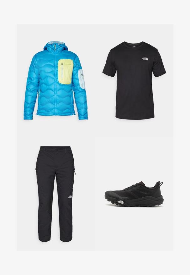 Giacca isolante blu con texture trapuntata, tasca sul petto anteriore di colore verde chiaro e una tasca più piccola sulla manica. Include un cappuccio e zip.; T-shirt nera a maniche corte in cotone, con scollatura rotonda e un piccolo logo bianco nell'area superiore sinistra del petto.; The North Face WINTER EXPLORATION TAPERED CARGO - Pantaloni outdoor - black; Scarpa da trail running nera con tomaia texture, suola in gomma e punta rinforzata. Presenta un collare imbottito e un tassello per un indossamento facile.