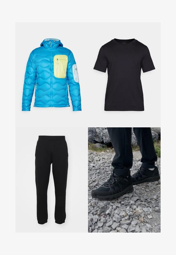 Sininen eristetty takki, jossa on päällysteksturalla varustettu pinta, etupuolella kevyt vihreä rintatasku ja pienempi käsivartetasku. Varustettu hupulla ja vetoketjuilla.; Mustat T-paidat, jotka on valmistettu sileästä kankaasta, jossa on pyöreä kaula-aukko ja lyhyet hihat. Huomaamaton brändäys painettuna mustana rintaan.; Mustat collegehousut, jotka on valmistettu puuvillasekoitteesta. Niissä on joustava vyötärö, kapenevat lahkeet ja ribbireunat nilkoissa. Yksinkertainen muotoilu, ei kuvioita.; Mustat ulkokengät, joissa on verkko- ja synteettinen materiaali, teksturoitu päällinen, varma nauhoitusjärjestelmä ja kestävä pohja kivikkoisella maastolla.