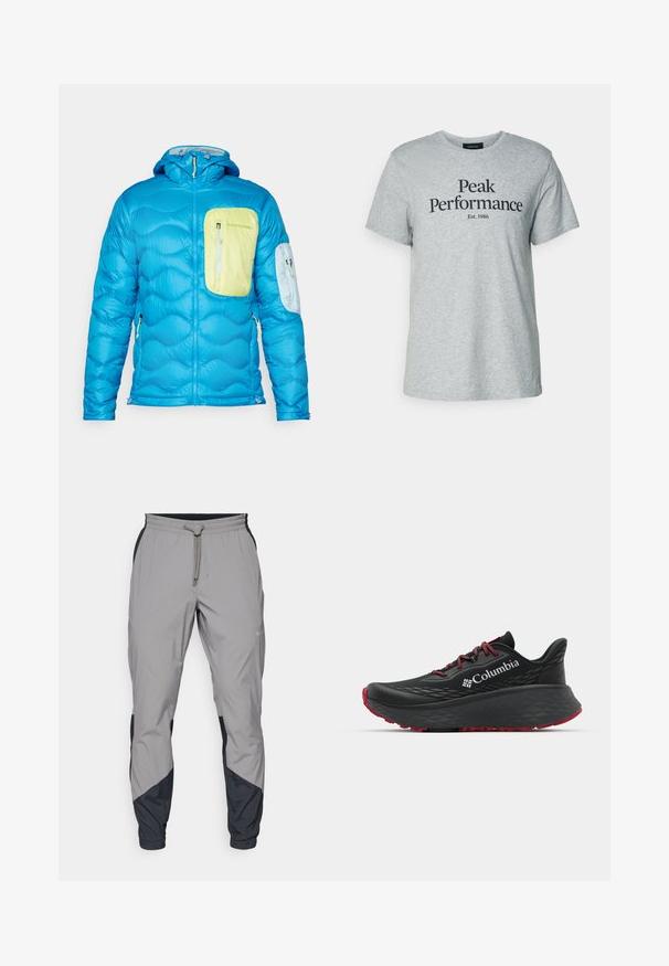 Blå isolerad jacka med kviltad textur, en framficka på bröstet i ljusgrön och en mindre armficka. Har en huva och dragkedjor.; Grå bomulls t-shirt med kort ärm och rund halsringning, med svart text som säger "Peak Performance Est. 1986" över framsidan.; Lätta, grå träningsbyxor med svarta detaljer. Elastisk midja, dragsko stängning, tapered design och sidofickor.; Svart sportskor med strukturerad ovandel, röda snören och logotyp. Tjock sula med mönstrad slitbana för bra grepp. Minimalistisk design, sidovy.