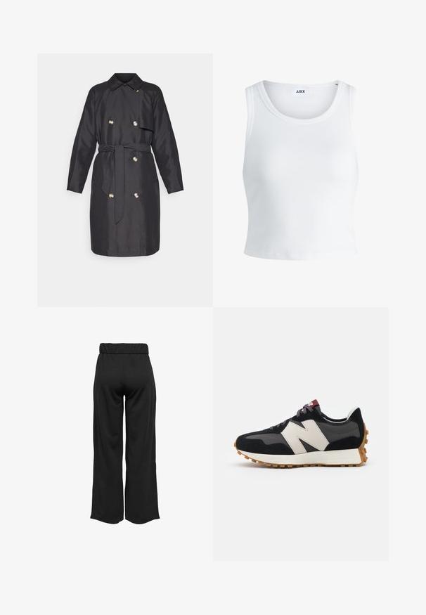 Palton negru dintr-un material neted, cu un design cu dubla bătaie, butoane aurii și o curea asortată la talie.; Top alb cu detalii texturate, cu guler rotund, fără mâneci și lungime scurtă. Eticheta spune "JJXX." Textură de țesătură netedă.; Pantaloni negri, cu croi larg și talie elastică, realizați dintr-un material neted. Au un design simplu, fără buzunare sau detalii de cusătură vizibile.; Adidași din suede negru și gri cu un mare logo "N" de culoare crem, sireturi purpurii și o talpă din cauciuc texturat de culoare gumă.