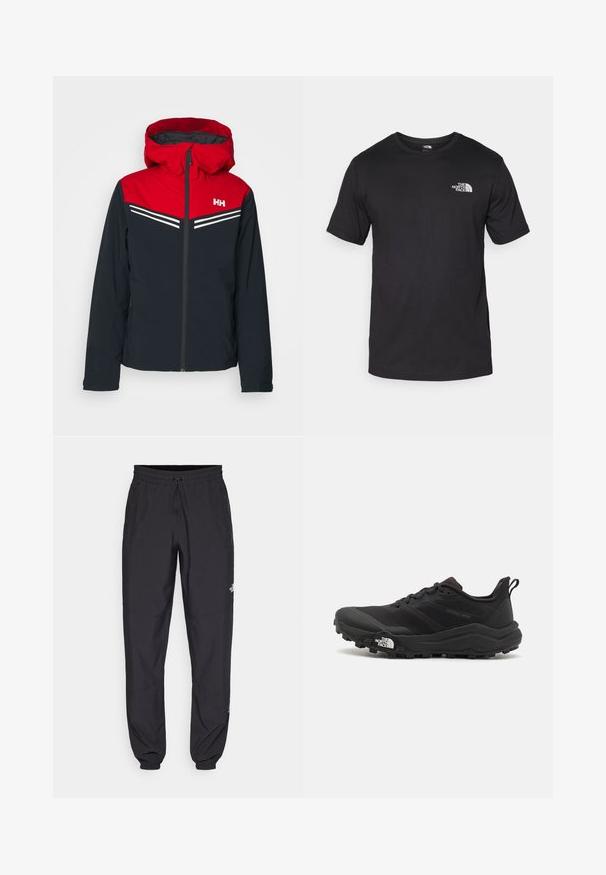 Wasserdichte Jacke in Dunkelblau mit roter Kapuze und oberem Abschnitt. Mit weißen horizontalen Streifen und einem Frontreißverschluss. Helly Hansen-Logo angebracht.; Schwarzes T-Shirt mit kurzen Ärmeln aus Baumwolle, mit einem runden Ausschnitt und einem kleinen weißen Logo auf der oberen linken Brust.; Schwarze Sporthosen aus leichtem Stoff, mit einem Kordelzugbund, seitlichen Taschen und schmal zulaufenden Bündchen an den Knöcheln.; Schwarzer Trailrunning-Schuh mit strukturiertem Obermaterial, Gummisohle und verstärkter Zehenkappe. Verfügt über einen gepolsterten Kragen und eine Ziehlasche für einfaches Anziehen.