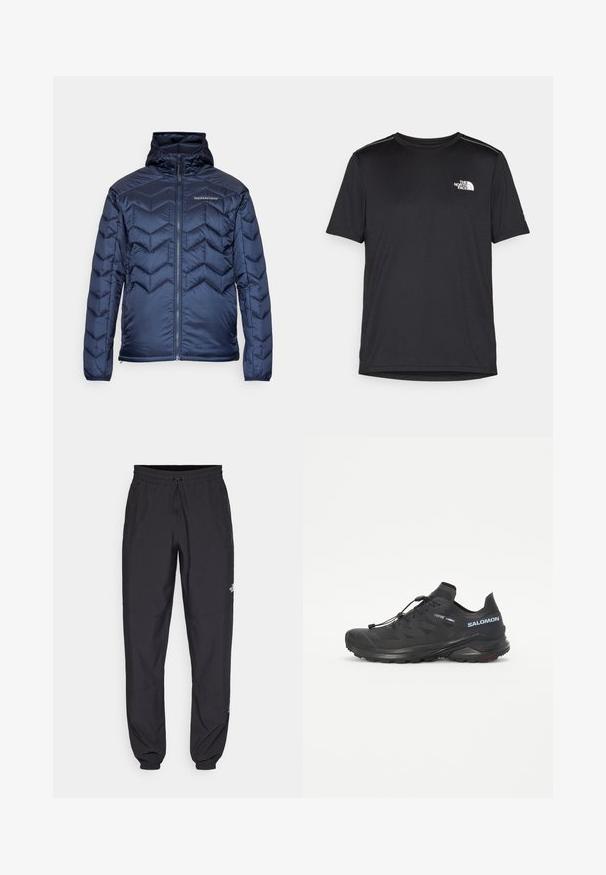 Veste matelassée marine avec un motif en chevrons, fermeture éclair et capuche. Fabriquée en tissu lisse et brillant. Dotée de poignets élastiques.; T-shirt noir à manches courtes en tissu léger. Présente un petit logo blanc sur la poitrine gauche et des accents subtils aux épaules.; Pantalon de sport noir en tissu léger, avec une taille à cordon, des poches latérales et des chevilles resserrées.; Chaussure de trail running noire avec une tige texturée, des lacets élastiques et une semelle extérieure Contagrip. Présente un ajustement serré et un pare-chocs protecteur.