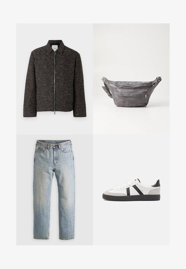 Veste texturée marron avec fermeture éclair, col évasé et manches longues. Présente un tissu brossé et une coupe légèrement courte.; Pull en tricot beige à fermeture éclair quart, fabriqué dans un tissu doux. Présente un col et des poignets côtelés, avec une coupe décontractée et un design sans coutures.; Jean en denim bleu clair à taille haute, avec bouton avant, fermeture éclair et design à cinq poches, posé à plat sur un fond neutre.; Baskets blanches avec des accents noirs et gris, présentant un embout texturé gris, une semelle en caoutchouc noir et des lacets plats blancs. Design épuré, style minimaliste.; Sac banane en suède gris avec une forme arrondie, deux compartiments zippés et une sangle réglable. Comprend des accents en métal.
