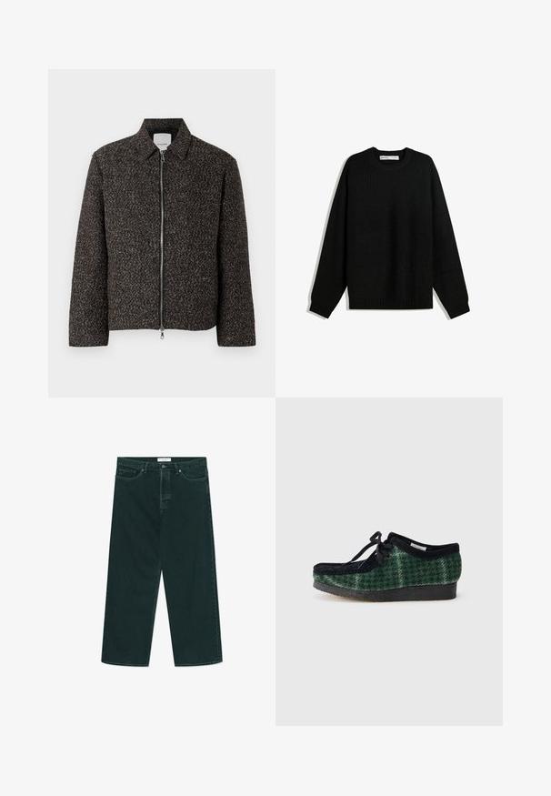 Giacca marrone testurizzata con chiusura a zip, colletto a sbuffo e maniche lunghe. Presenta un tessuto spazzolato e un taglio leggermente accorciato.; Maglione nero lavorato a maglia con scollatura rotonda, spalle scese e polsini e orlo a costine. Presenta un tessuto testurizzato per il calore.; Jeans in denim verde scuro a gamba larga con chiusura a bottone e zip, tasche anteriori e passanti per cintura, disposti su uno sfondo bianco.; Scarpe verdi e nere con motivo, con una tomaia in suede, presentano una punta arrotondata, lacci e una suola in gomma texturizzata.