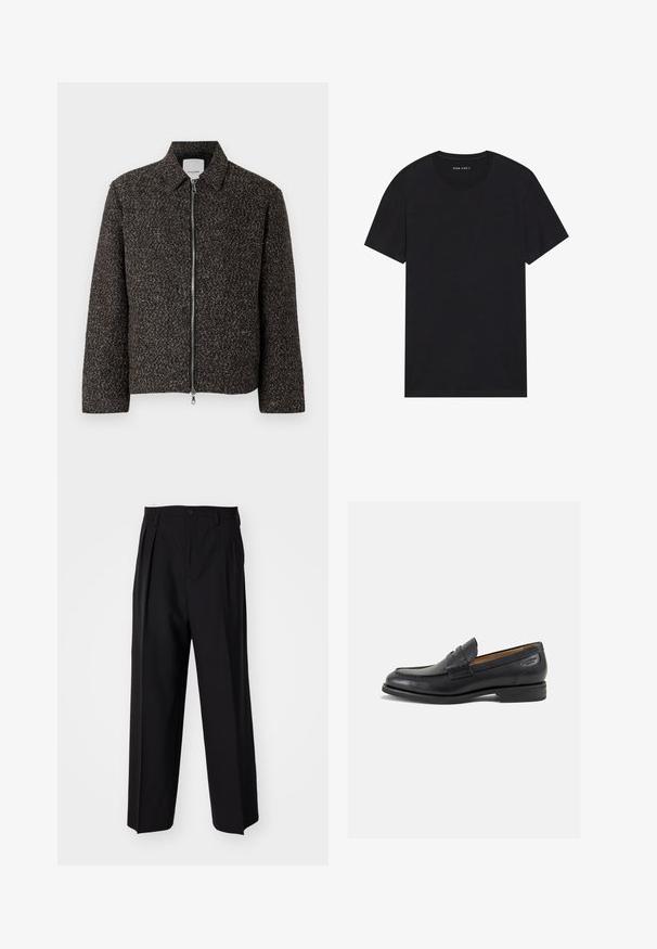 Brązowa kurtka o teksturowanej fakturze z zamkiem błyskawicznym, kołnierzem rozłożonym i długimi rękawami. Posiada miękką tkaninę i lekko skrócony krój.; Czarny bawełniany T-shirt z krótkim rękawem i okrągłym dekoltem. Materiał ma gładką teksturę oraz prosty, jednolity wzór.; Czarne plisowane spodnie o prostym, szerokim kroju nogawek. Wykonane z gładkiego materiału, z zapięciem na guzik i pętelkami na pasek.; Czarne skórzane mokasyny o gładkim wykończeniu, zaokrąglonym nosku i dekoracyjnym przeszyciu na cholewce. Niski, warstwowy obcas i delikatny połysk.