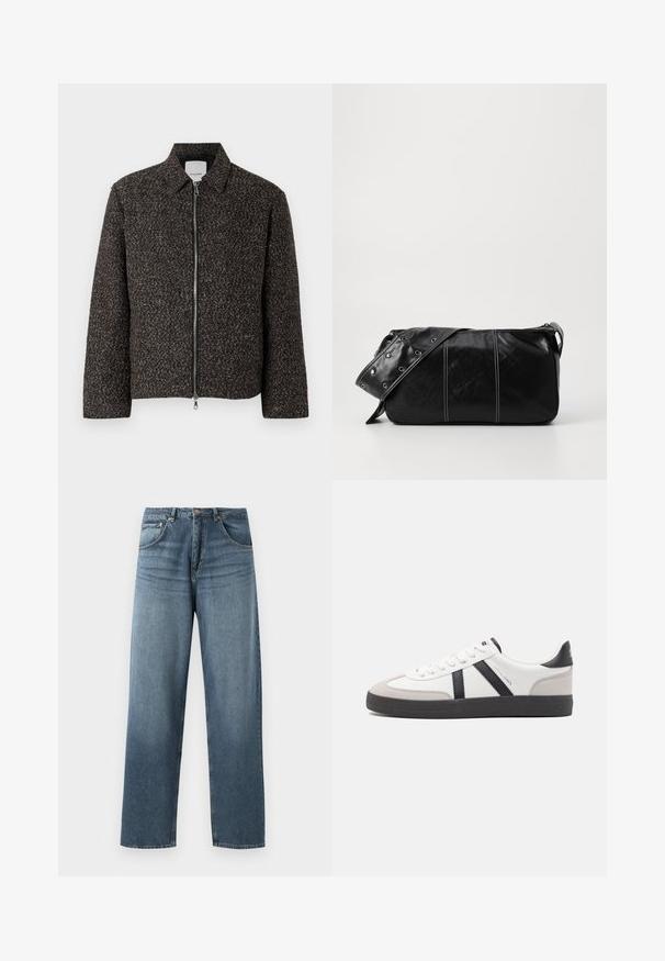 Veste texturée marron avec fermeture éclair, col évasé et manches longues. Présente un tissu brossé et une coupe légèrement courte.; T-shirt en coton crème à manches courtes et col rond. Présente un imprimé graphique en bleu et rouge avec du texte et un motif.; Jean en denim bleu à jambe droite avec un délavage, présentant un design à cinq poches, un bouton en métal et des passants de ceinture. Tissu structuré de poids moyen.; Baskets blanches avec des accents noirs et gris, présentant un embout texturé gris, une semelle en caoutchouc noir et des lacets plats blancs. Design épuré, style minimaliste.; Sac à épaule en cuir noir avec une fermeture éclair, doté d'un corps texturé, de coutures blanches et d'une sangle avec des œillets en argent.