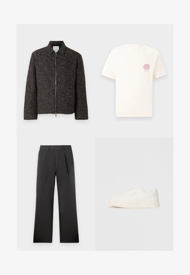 Brown textured jacket with a zip closure, spread collar, and long sleeves. Features a brushed fabric and a slightly cropped cut.; White short-sleeve T-shirt with red text "Studio Originals Edition" on left chest, displayed on a neutral gray background.; Black pleated trousers with a straight-leg design, made from a smooth fabric. Features a button closure and belt loops at the waistband.; White slip-on sneakers with a textured surface, a thick sole, and minimalistic design. Features brand logo on the side.