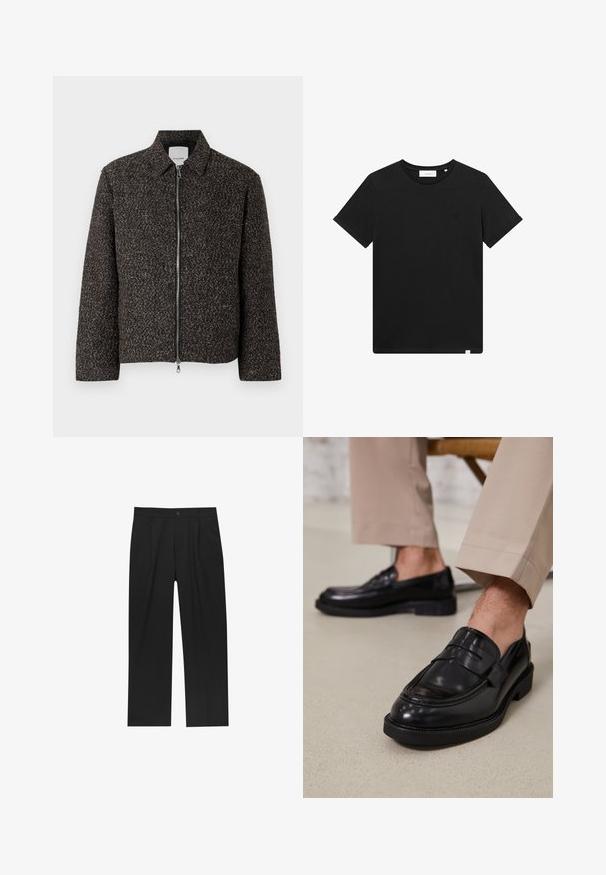 Giacca marrone testurizzata con chiusura a zip, colletto a sbuffo e maniche lunghe. Presenta un tessuto spazzolato e un taglio leggermente accorciato.; T-shirt nera a maniche corte in cotone, con scollatura rotonda e un piccolo logo ricamato sul petto. Tessuto liscio, vestibilità standard.; Pantaloni neri con un design a gamba dritta, realizzati in un tessuto liscio. Presentano pieghe frontali e una chiusura a un bottone in vita.; Mocassini in pelle nera con finitura liscia, dotati di una cintura decorativa e cuciture a contrasto, abbinati a pantaloni beige.