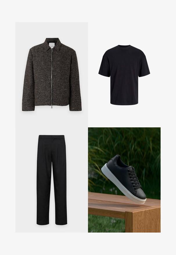 Bruine textuurjack met een ritssluiting, opstaande kraag en lange mouwen. Heeft een geborstelde stof en een iets verkorte snit.; Zwarte katoenen t-shirt met een ronde halslijn, korte mouwen en een relaxte pasvorm. Glad textuur en geen zichtbare patronen of accenten.; Zwarte broeken van gladde stof, met een recht model, twee voorknikken en een standaard tailleband met riemlussen.; Zwarte leren sneaker met een gladde textuur, witte rubberen zool en zes oogjes voor veter, weergegeven op een houten oppervlak.