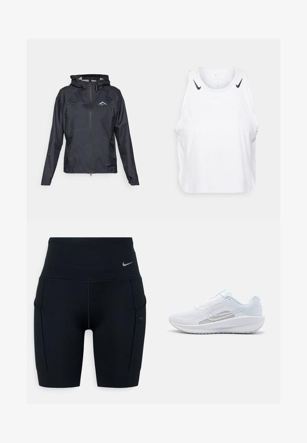 Sort vandtæt jakke med en tekstureret overflade, justerbar hætte, to sidelommer med lynlås og et diskret blåt bjerglogo på brystet.; Hvid ærmeløs tanktop lavet af letvægtsmateriale, med sorte Nike-logo detaljer på skuldrene, rund halsudskæring og afslappet pasform.; Sorte højtaljede atletiske shorts lavet af strækbart materiale; har sidelommer og et lille Nike-logo på taljen.; Hvid træningssko med mesh-overdel, rund tå og tekstureret sål. Har et sølvfarvet Nike-swoosh og et minimalistisk design.