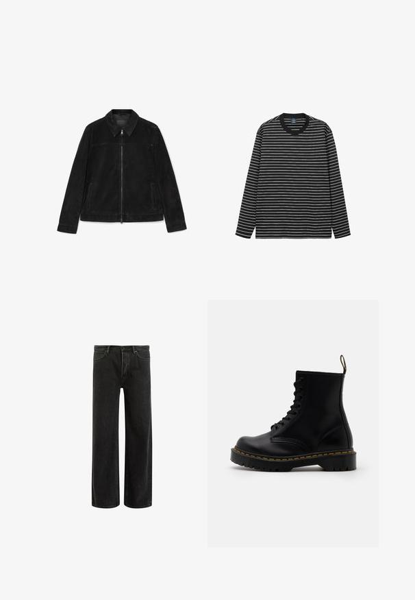 Schwarze Wildlederjacke mit durchgehendem Reißverschluss, spitzem Kragen, langen Ärmeln und zwei vertikalen Seitentaschen.; Langärmliges T-Shirt mit schwarz-weißen Streifen aus weicher Baumwolle. Es hat einen Rundhalsausschnitt und einen kontrastierenden schwarzen Rippkragen.; Schwarze, weit geschnittene Jeans aus Denim mit hoher Taille, im klassischen Fünf-Taschen-Design und subtilem Verblassen für eine strukturierte Optik.; Schwarze Leder-Ankle-Boots mit schnürbarem Vorderteil, gelben Nähten, runder Zehenpartie und dicker, strukturierter Gummisohle.