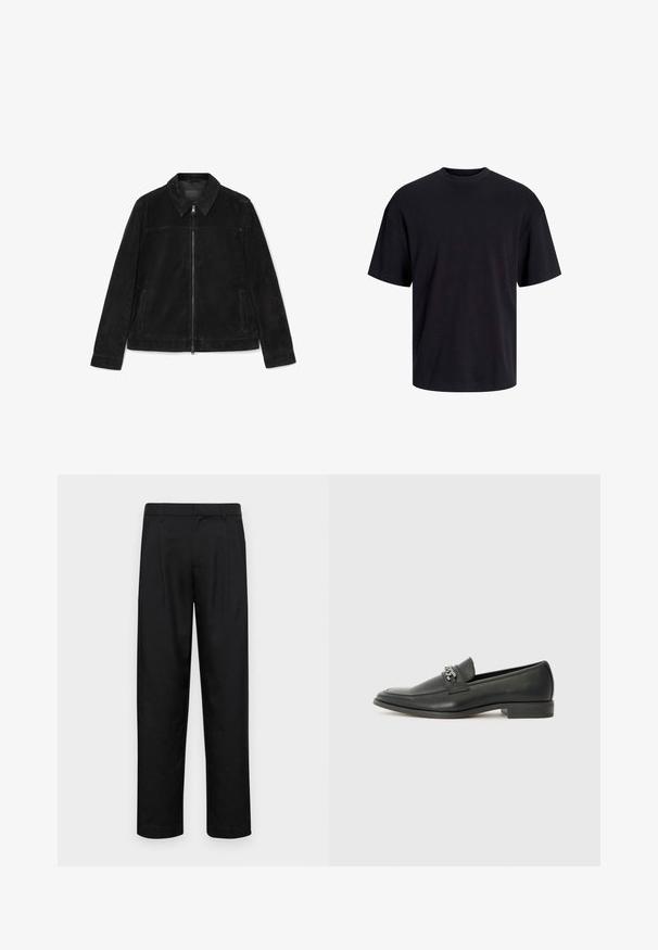 Sort ruskindjakke med fuld frontlynlås, spidse krave, lange ærmer og to lodrette sidelommer.; Sort bomulds t-shirt med rund hals, korte ærmer og en afslappet pasform. Glat tekstur uden synlige mønstre eller accenter.; Sorte bukser lavet af glat stof, med et lige ben-design, to frontfolder og en standard talje med bæltestropper.; Sorte læder loafers med en glat finish, der har et syet design og et dekorativt metal kædeaccent hen over vamps. Flad hæl.